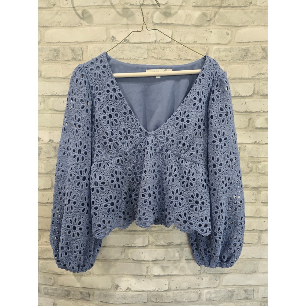 Altar'd State Fallon Lace Babydoll Top Blue Periwink Flower Cutout Blouse Size M
